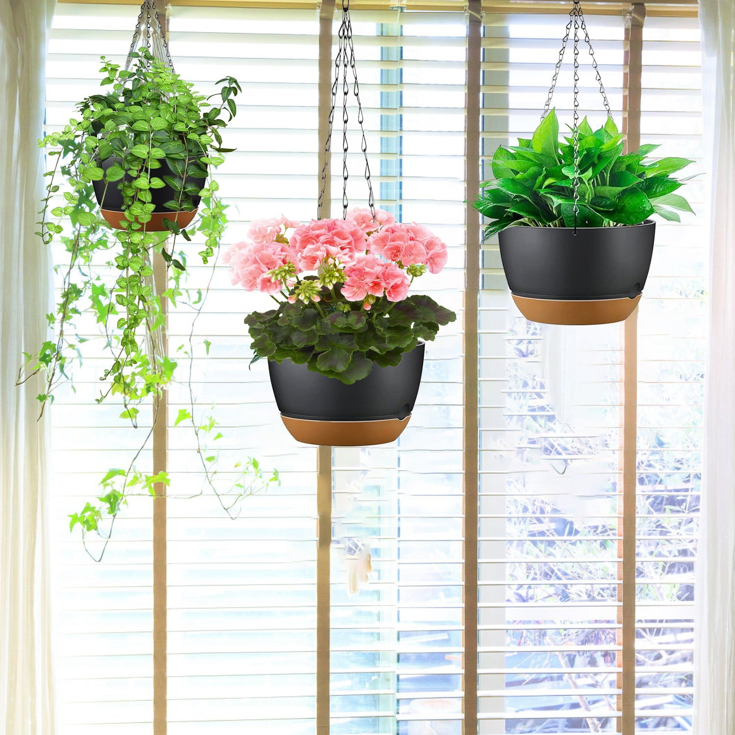 Moclever 4Pcs Hanging Planter Set, 9.64in Diameter Plastic Hanging Plant Pot with Drainage Holes Removable Self-Watering Tray for Indoor Outdoor Herb Ivy Fern, Gray