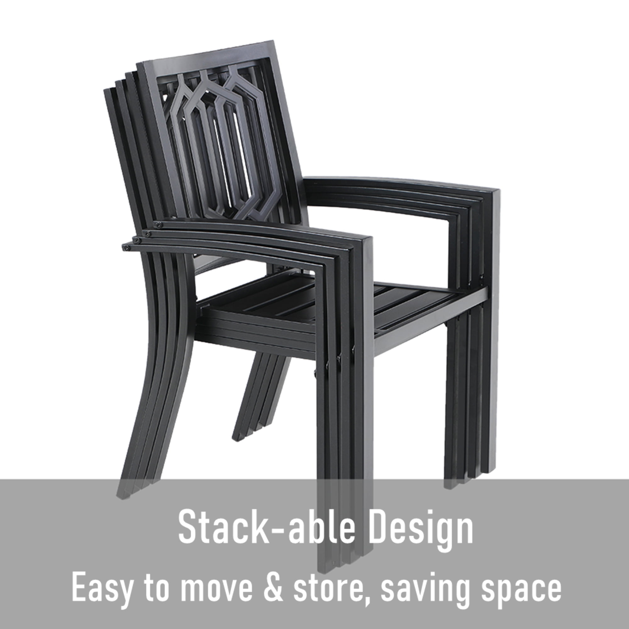 MF Studio 7-Piece Outdoor Patio Dining Set with Stacking Chairs & Wood-Grain Topped Table for 6-Person, Black