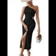 thumbnail image 3 of Vestido de Verano Midi Sin Mangas con Abertura Alta y un Hombro Descubierto para Mujer, Negro, Talla XL, 3 of 7