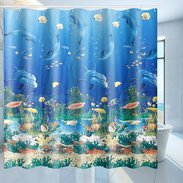71''x71'' Dolphin Shower Curtain w/ 12 Hooks,Waterproof
