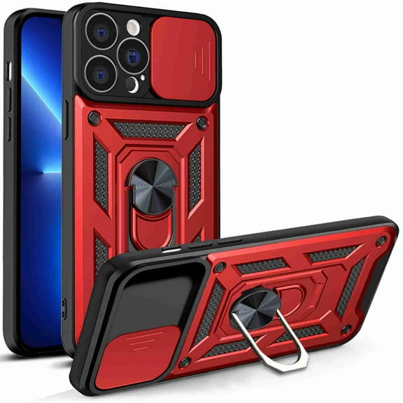 Compatible with iPhone 13 Pro Max Case with Sliding Camera Lens Cover and Ring Kickstand Heavy Duty Military Grade Protection Phone Shockproof Back Cover for iPhone 13 Pro Max, Red