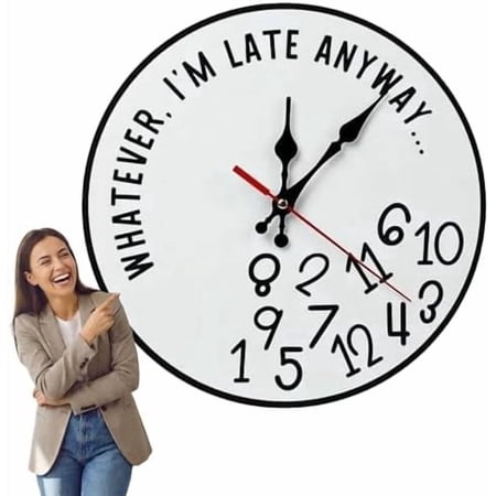 Funny Sarcastic I'm Late Anyway Wall Clock, 12 Inch Large Unique Irregular Number Wooden Sign for Home Office Kitchen Decor