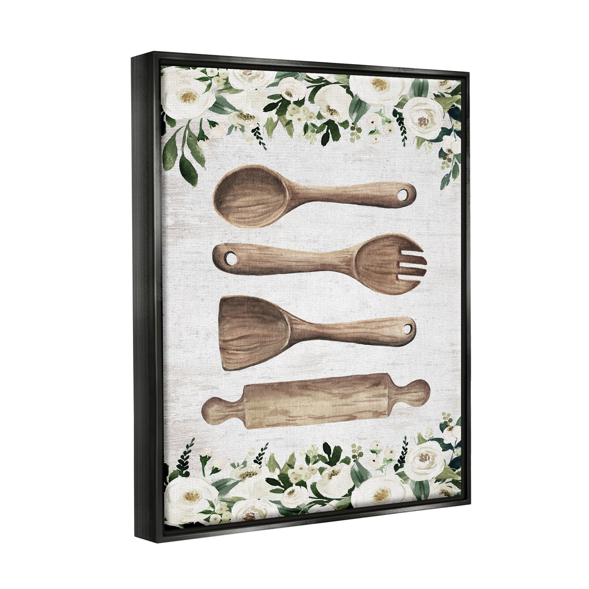 Stupell Industries Kitchen Utensils & Roses Botanical & Floral Painting Black Floater Framed Art Print Wall Art, 17 x 21