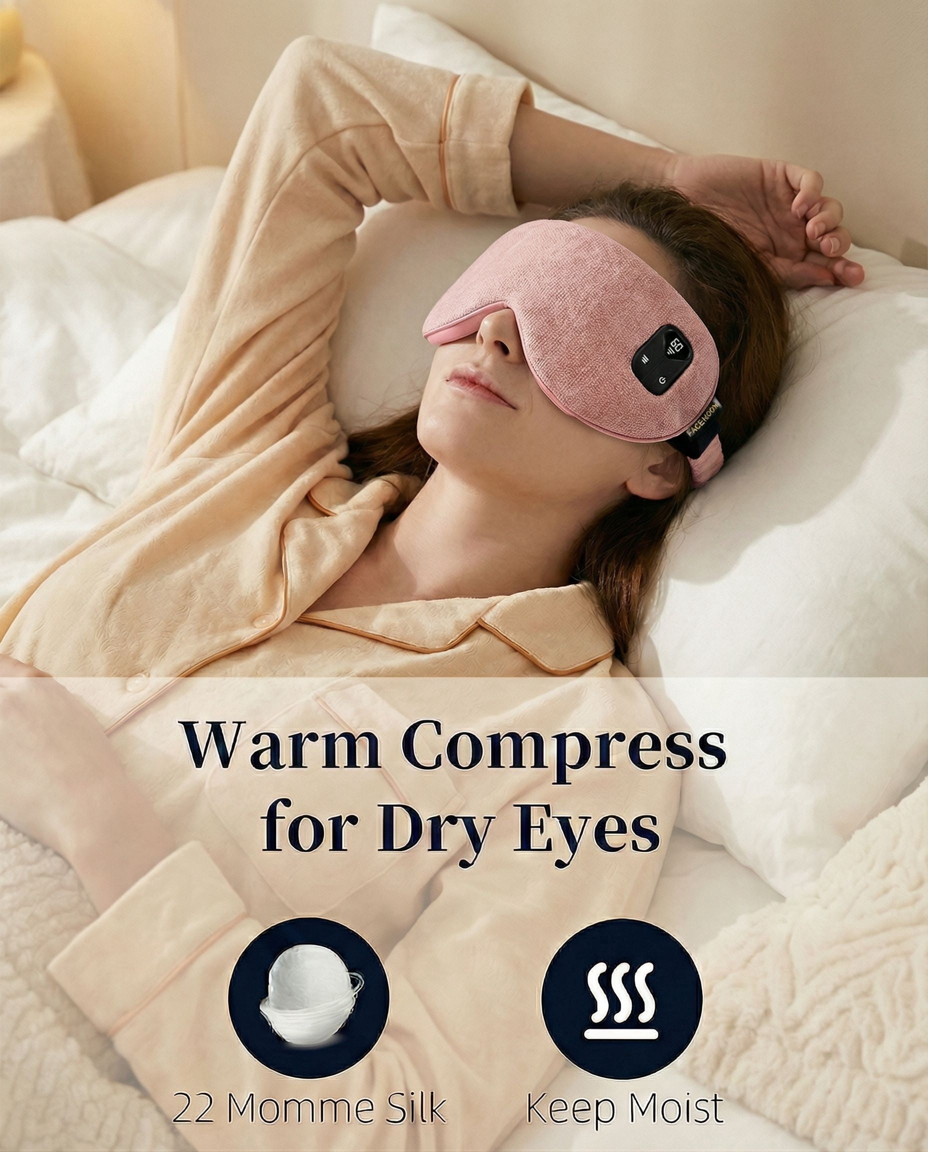 FACEMOON 1 Pack Adult Cordless Heated Sleep Mask – Rechargeable Natural Flaxseed Moist Heat | Comfort Eye Relaxation for Sleep | Pink