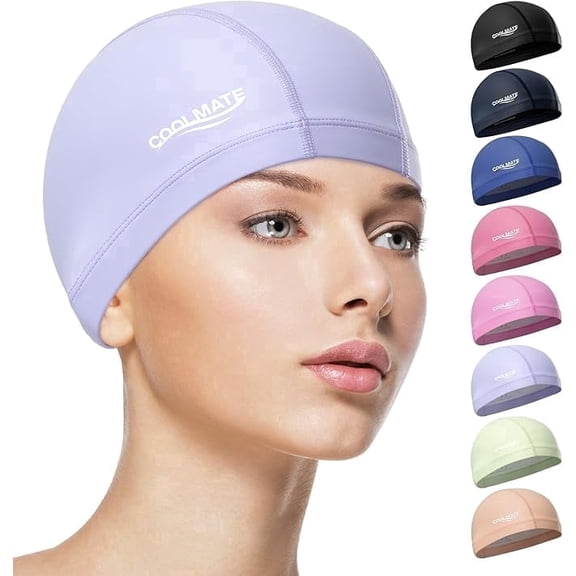 COOLMATE Fabric Swim Cap for Adult Women Men Kid 3 4 6 8 14 16, Silicone Water Resistant Layer, Cloth Swim Cap Gifts for Swimmers, Lightweight and Comfortable for Pool, Lap Swimming (Light Purple, M)
