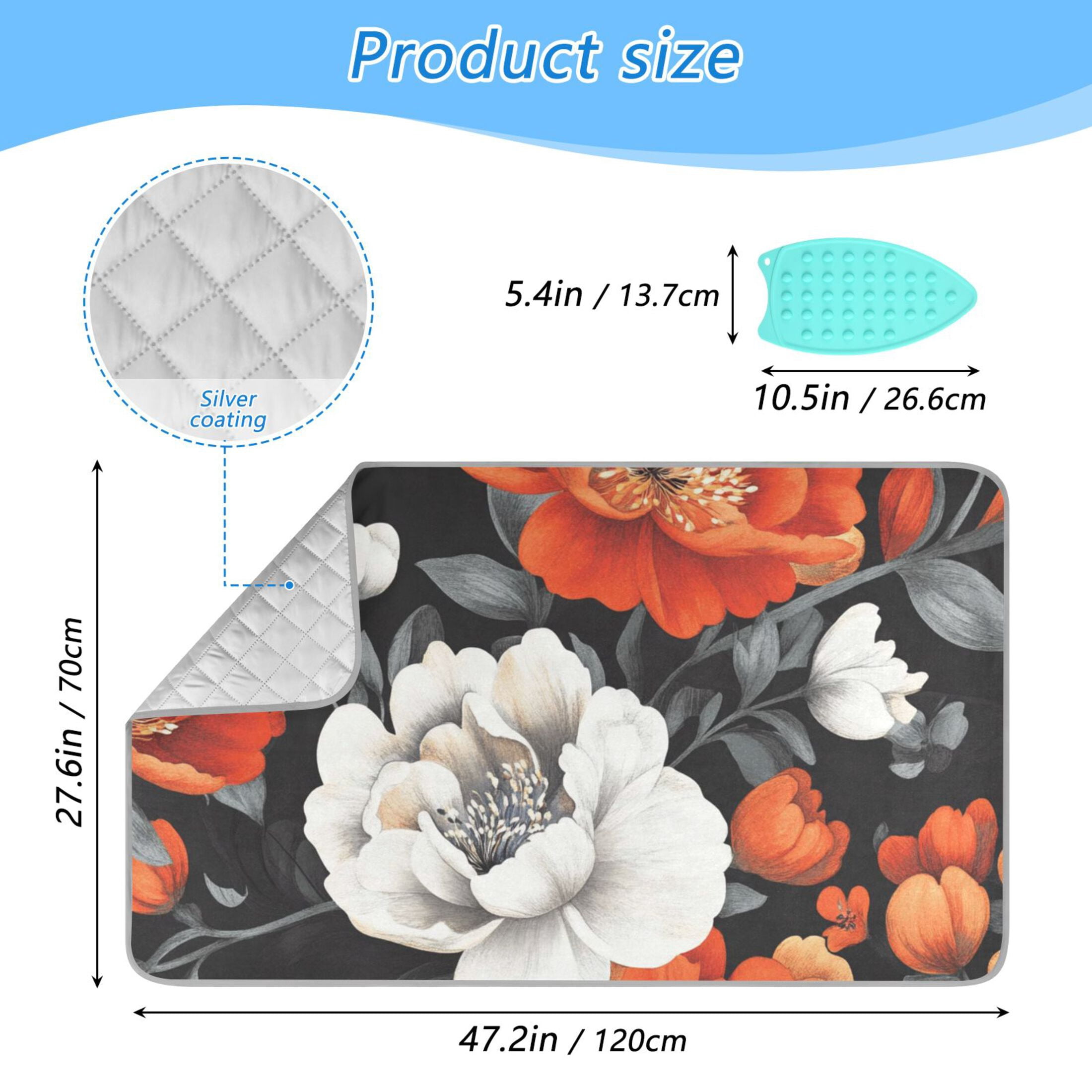 Red and White Floral on Black Ironing Mat Blanket for Table Top Travel Portable Ironing Board Pad 47.2x27.6 Inch