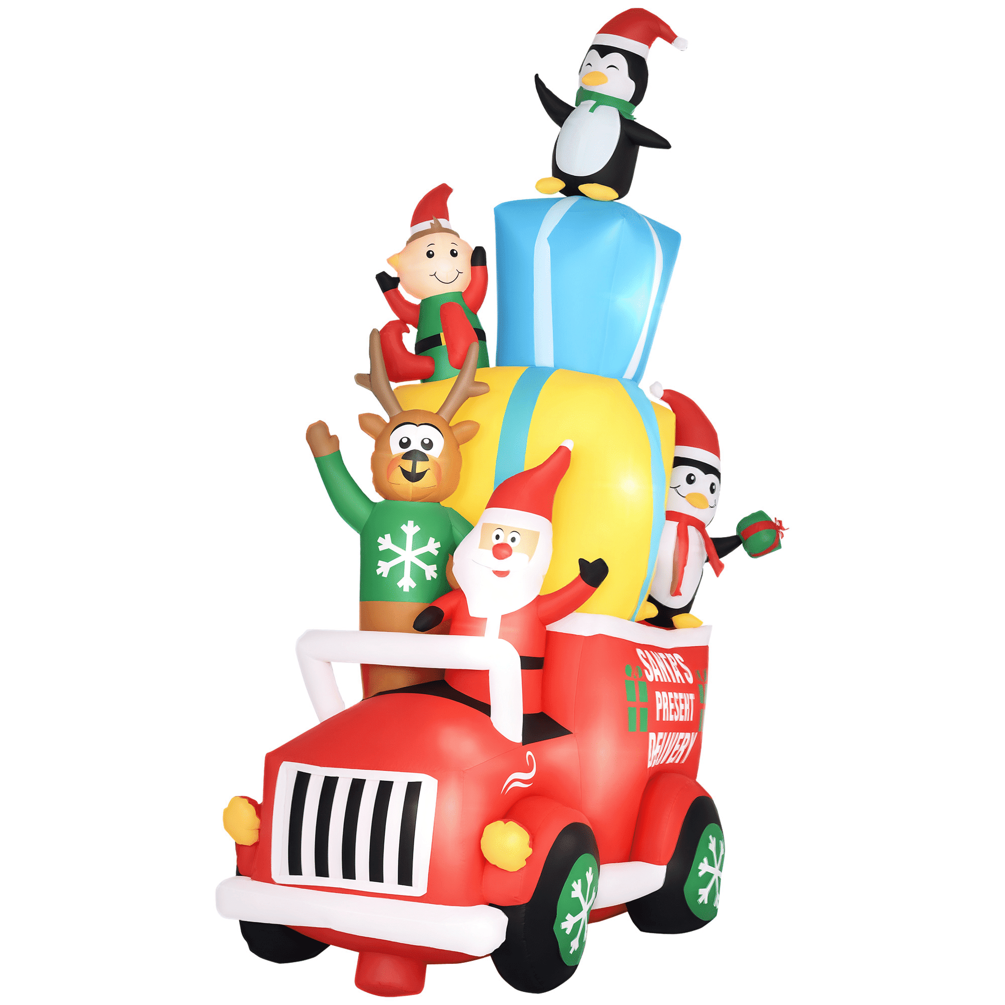 Christmas Inflatable Santa Claus Driving Gift Car with Elk, Elf and Two Penguins, 9 ft Blow-Up LED Yard Decoration for Garden and Lawn