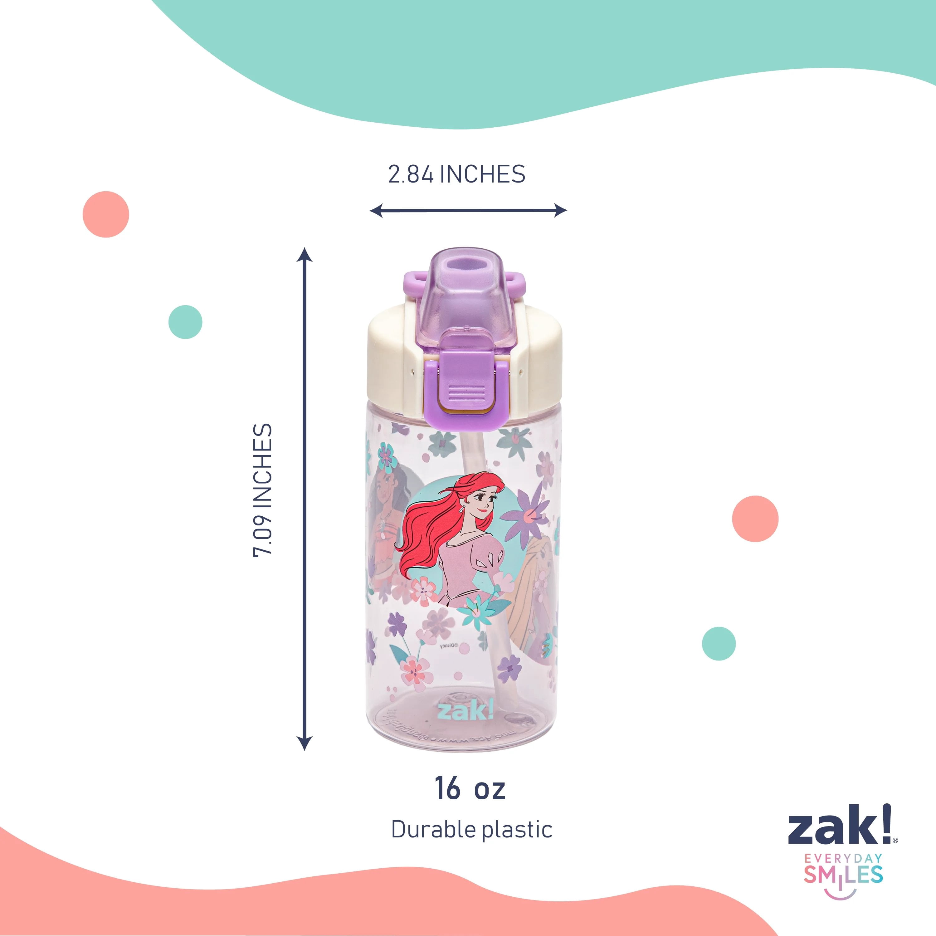 Zak Designs 16oz Princess Jubilation Durable Plastic Water Bottle, 2pk.