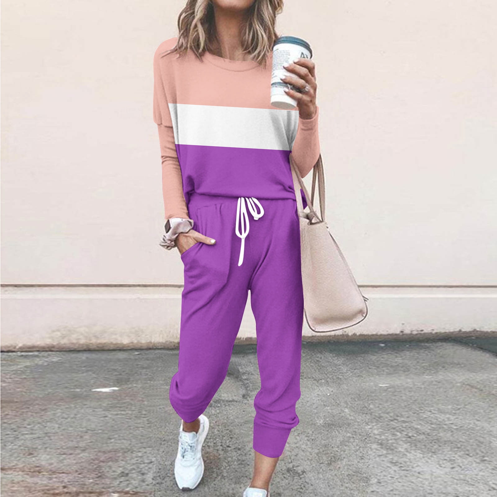 Casual 2 Piece Shorts Sets for Women Women Short Sets 2 Piece Outfits Fall Women'S Round Neck Long Sleeve Top + Pants Color Blocking Home Sports Casual Yoga Suit