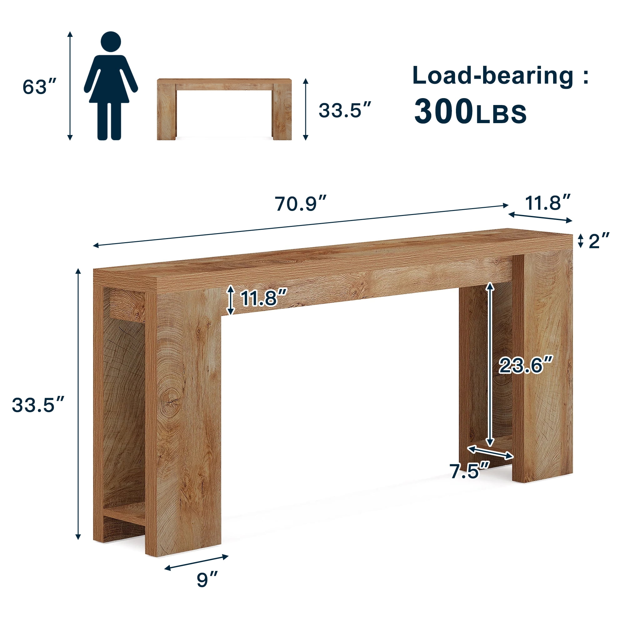 Demi Bonn 70.9" Wood Console Table, Farmhouse Sofa Table Entryway Table with Storage, Foyer Display Table, Brown