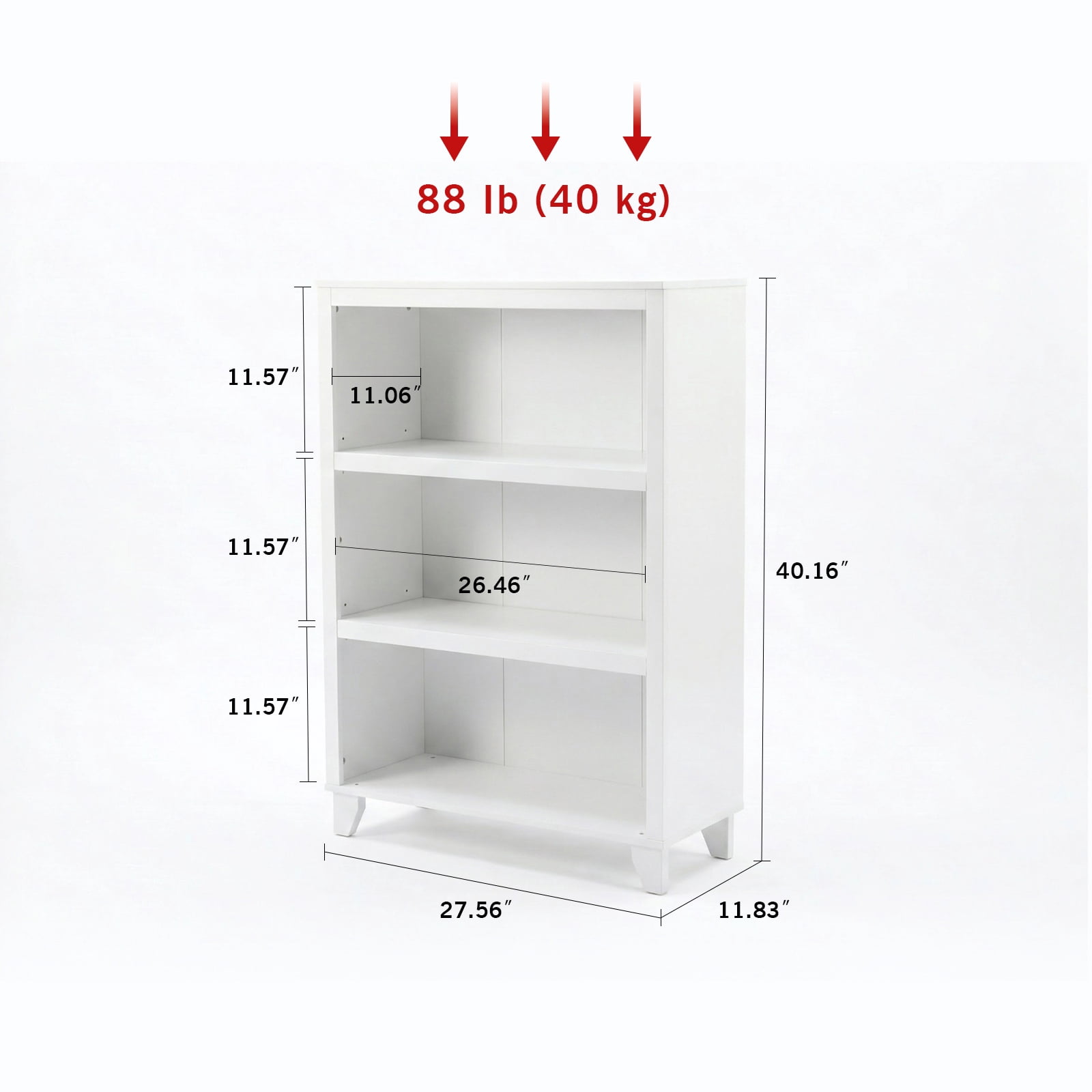 3-Tier Bookcase with Adjustable Shelves，27.56"W x 11.83"D x 40.16"H Floor Standing Open Bookshelf with Wood Legs for Home Office, Living Room, and Bedroom Storage,White