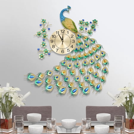 Peacock Shaped Wall Clock 30 Inch Large Decorative Silent Battery Operated Clock, Wrought Iron & Metal Dial, Vintage Art Hanging Clock for Living Room Bedroom Dining Room Corridor Home Decor