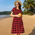 thumbnail image 4 of Picia Buffalo Plaid Red Black Pattern Women's Short Sleeve Summer Dress Pleated Loose Swing Knee Length Short Sleeve Swing Dresses, 4 of 6
