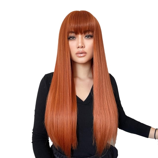 26-Inch Gradient Grey Straight Synthetic Wig with Bangs - High-Temperature Fiber, Natural Looking, Breathable Rose Net Cap, Easy to Wear & Reusable for Daily, Party, Wedding - Includes Wig Cap