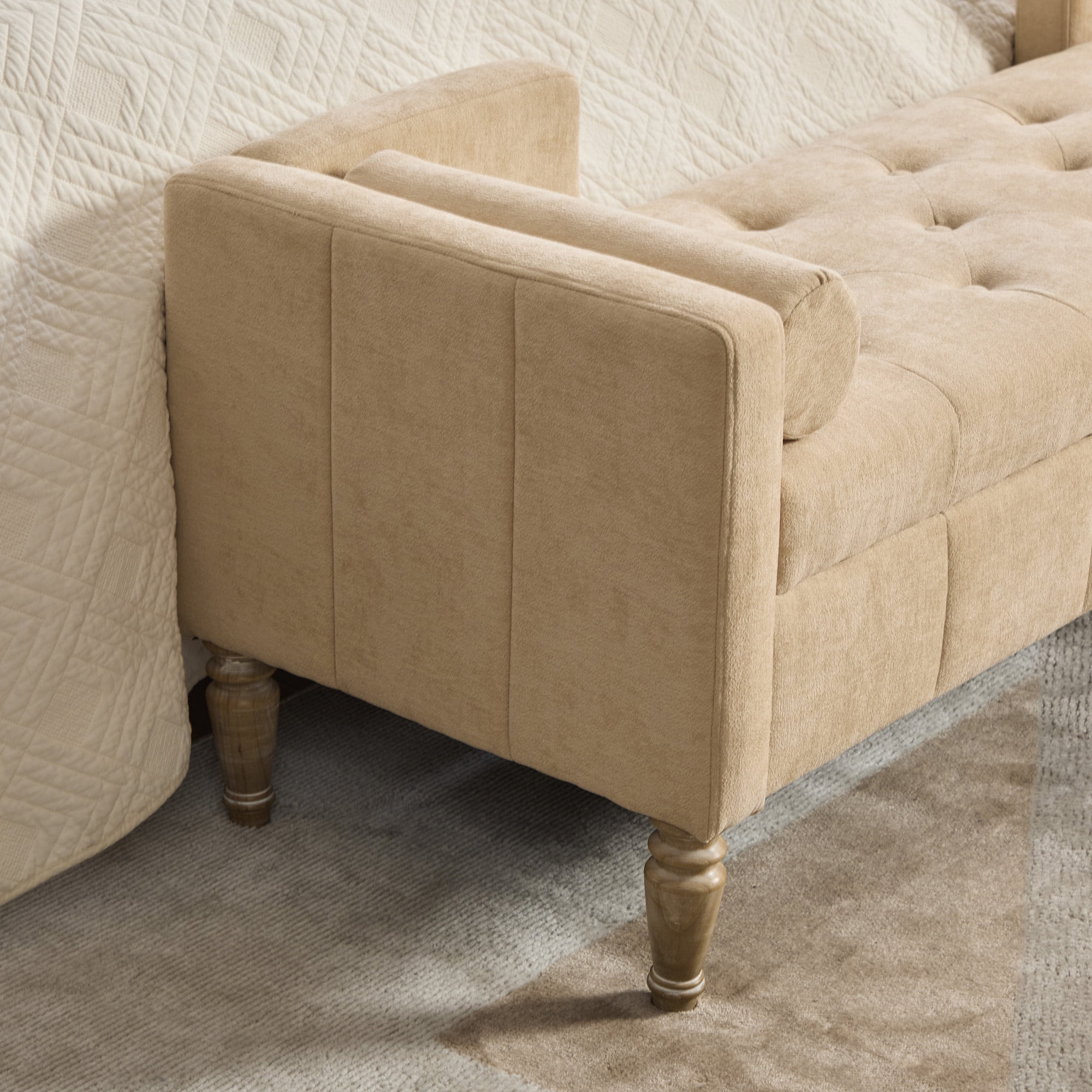 64.6"W Upholstered Chenille Flip-top Storage End of Bed Bench, Tufted Accent Footrest with Armrests&Backrest&2 Bolsters Whitewashed Rubberwood Legs for Living Room, Hallway, Entryway Bedroom
