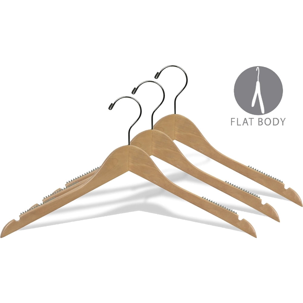 INTERNATIONAL HANGER 15 inch Natural Wood Top Hanger with Non-Slip Shoulder Grips, 25 Pack