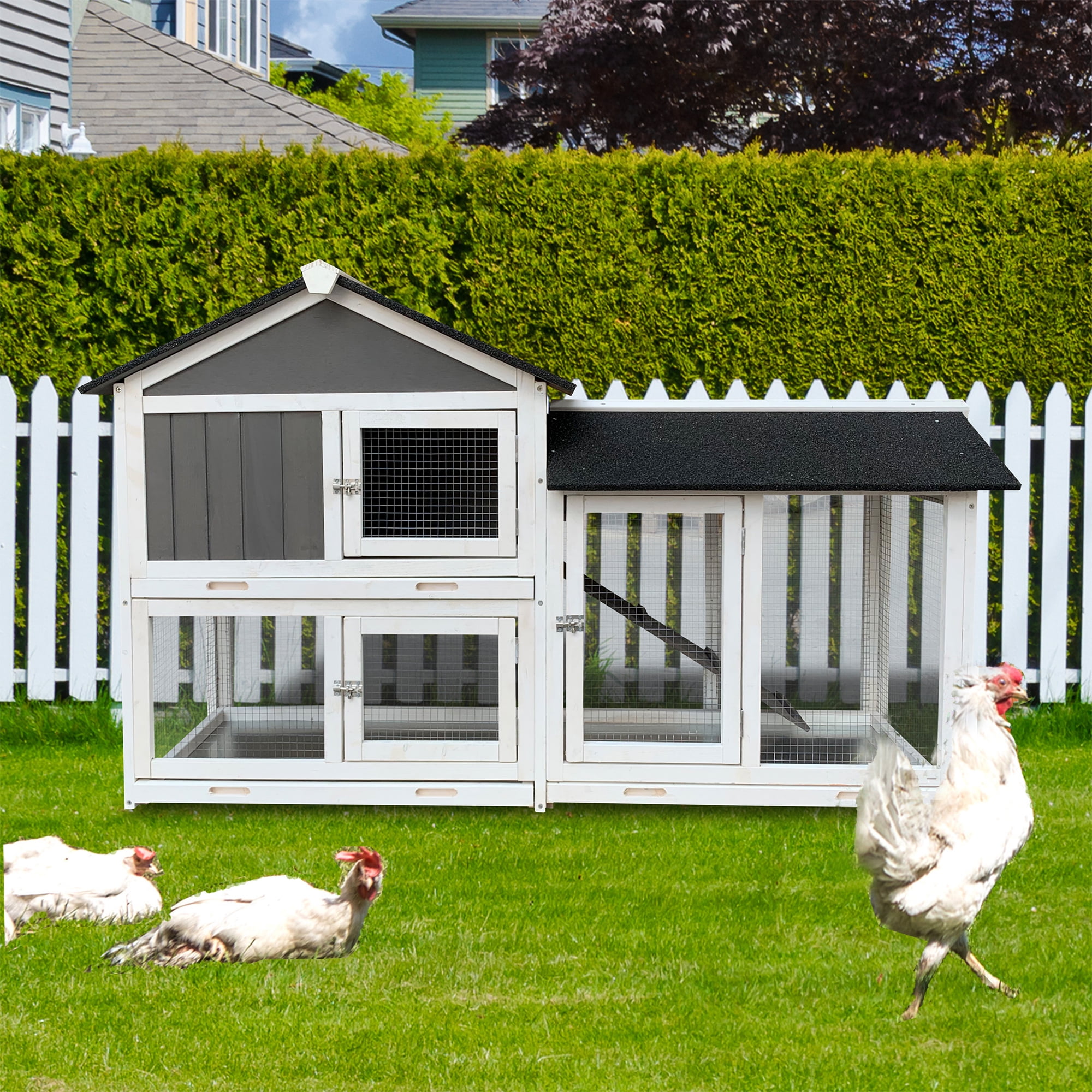 Segmart 61" Rabbit Hutch, Outdoor Indoor Chicken Coop Cage with Run, Wooden Guinea Pig Pet House Pull-Out Upper Tray, Grey