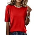 thumbnail image 2 of Women's Tops Dressy Casual Summer Crewneck Short Sleeve Sweaters Knit Solid Trendy Hollow Out Shirts Blouses Wine XL, 2 of 7