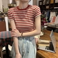 thumbnail image 2 of BUYISI Summer Round Neck Striped Casual Fashion Versatile Short Sleeved T Shirt Women Red XL, 2 of 9