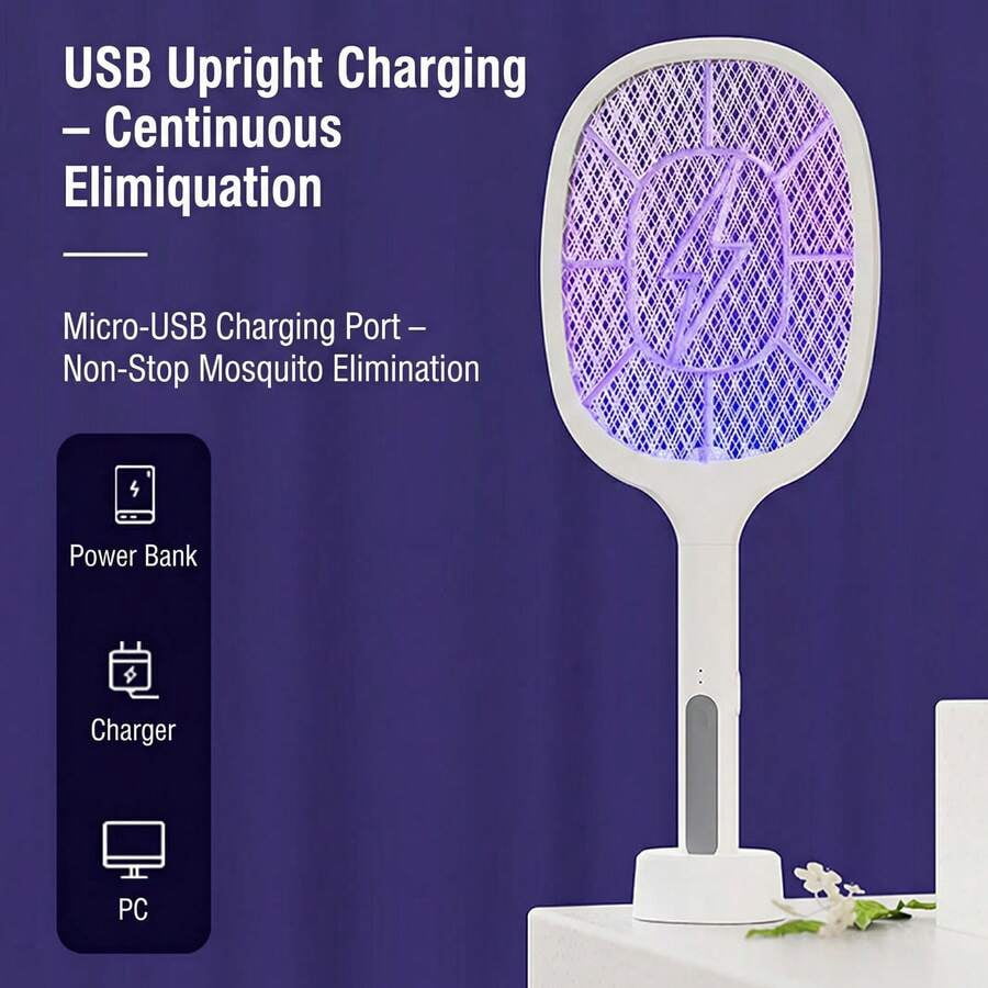 Dual Function USB Powered Electric Insect Eliminator with Adjustable Head and Extending Handle - Compact Indoor Flying Pest Control Device