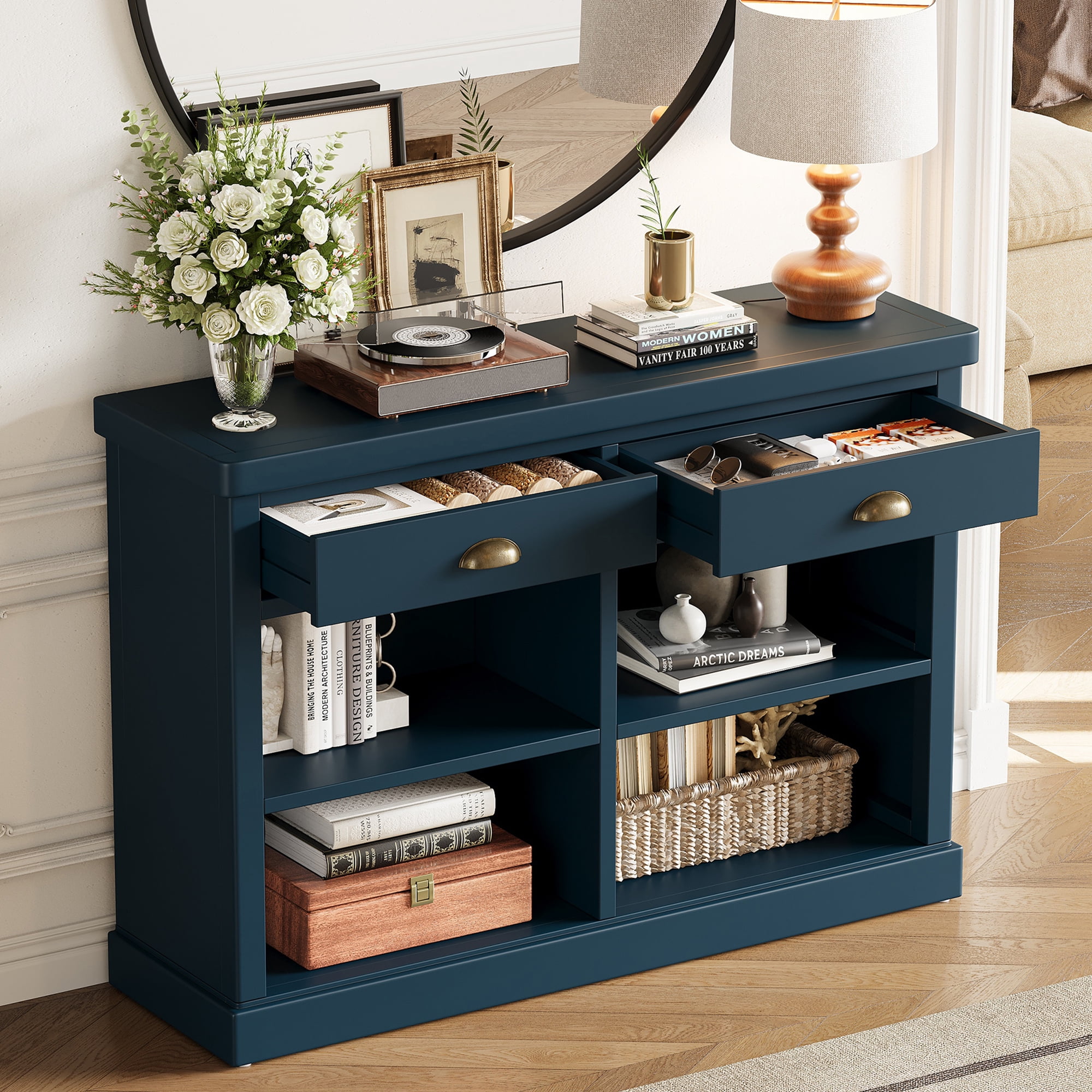 Euroco 47" Long Console Table, Wood Narrow Sofa Table with Open Storage Shelves & 2 Drawers,Entryway Table Accent Table for Living Room, Hallway,Navy