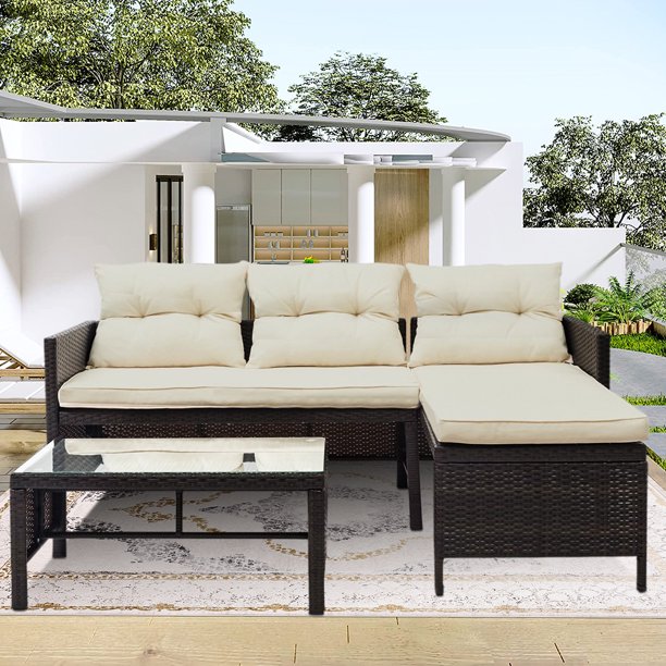 Patio Furniture Sofa Set, 3 Piece Outdoor Conversation Set with Lounge