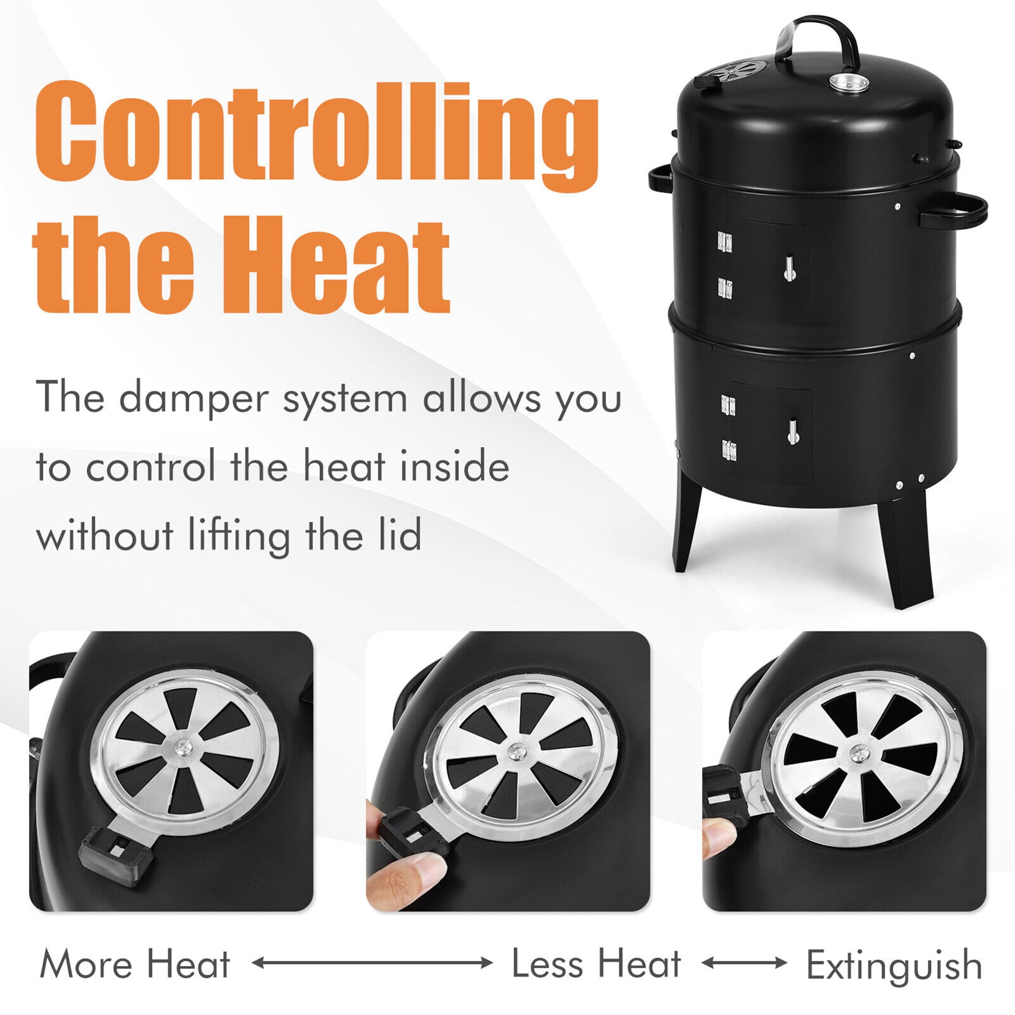 Gymax 3 in 1 Vertical Charcoal BBQ Smoker Grill Separable w/ Built-in Thermometer