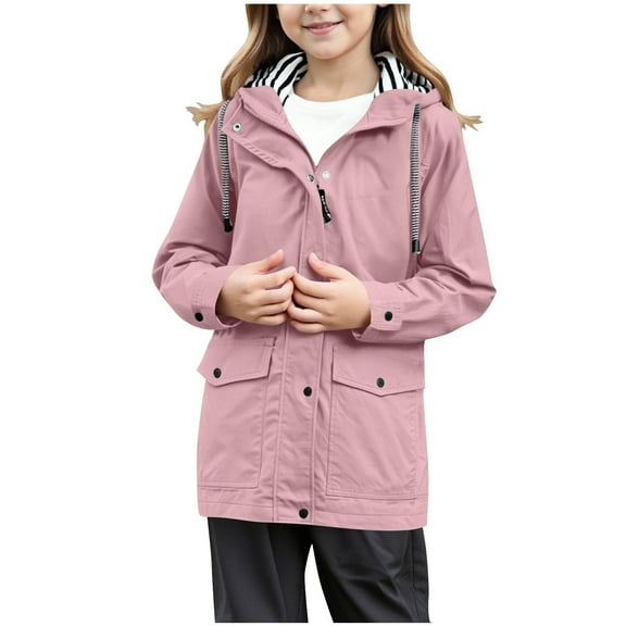 Cethrio Girls' Hooded Jackets, Full Zip Casual Windproof Waterproof Girls Outerwear Pink Size 7-8