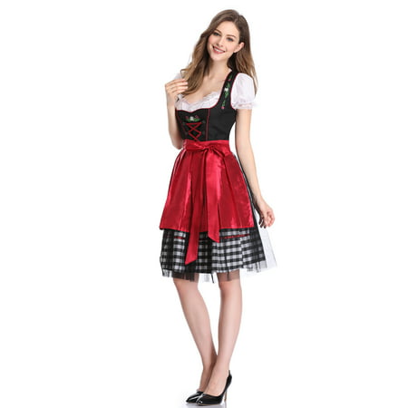 Women 3 Pieces Mesh Plaid Dirndl Dress Bavarian Oktoberfest Costume (Dress, Blouse,
