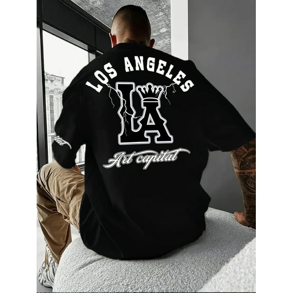 [Casual LA T-Shirt] Men's Casual LA Graphic T-Shirt | Breathable Short Sleeve Regular Fit Tee, Machine Washable Urban Streetwear for Everyday Comfort, PLUS SIZE, Crowned Lettering Design
