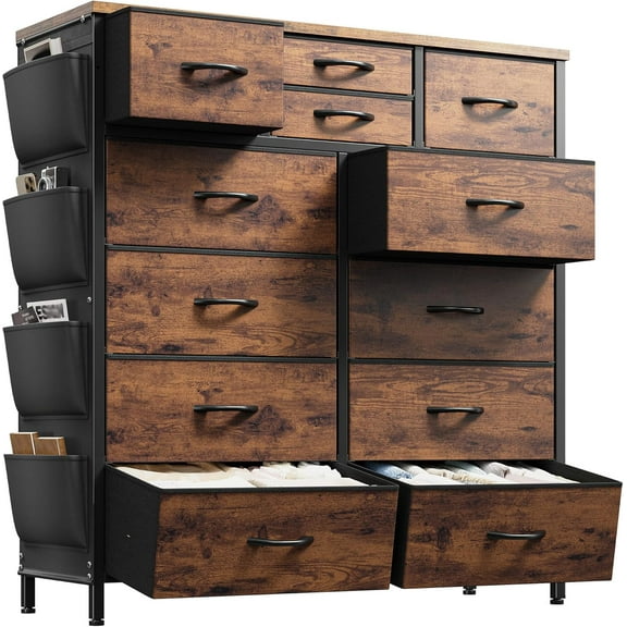 ZALIX Dresser for Bedroom with 12 Drawers, Dressers & Chest of Drawers with Side Pockets, Fabric Dresser for Bedroom, Hallway, Living Room, Sturdy Metal Frame, Wood Top, Rustic Brown