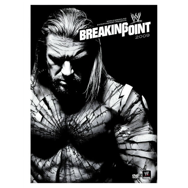 dvd wwe breaking point 2009 wwe portada blanco y negro con torso y brazos musculosos con efecto de vidrio agrietado, título "BREAKING POINT 2009" y logotipo WWE en la esquina superior derecha; póster vertical de evento de lucha.