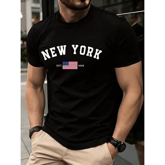 Men's Cotton Letter & American Flag Graphic Tee, Casual Crew Neck Short Sleeve, Soft Breathable, For Street Style Independence Day Gift,Black T-Shirt