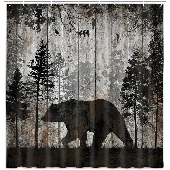 Wathon Bear Shower Curtains Rustic Lodge Cabin Woodland Wildlife Bath Curtain with Pine Trees and Black Bear in The Woods, Animal Hunting Camo Bathroom Decor Set with Hooks, 69X75IN