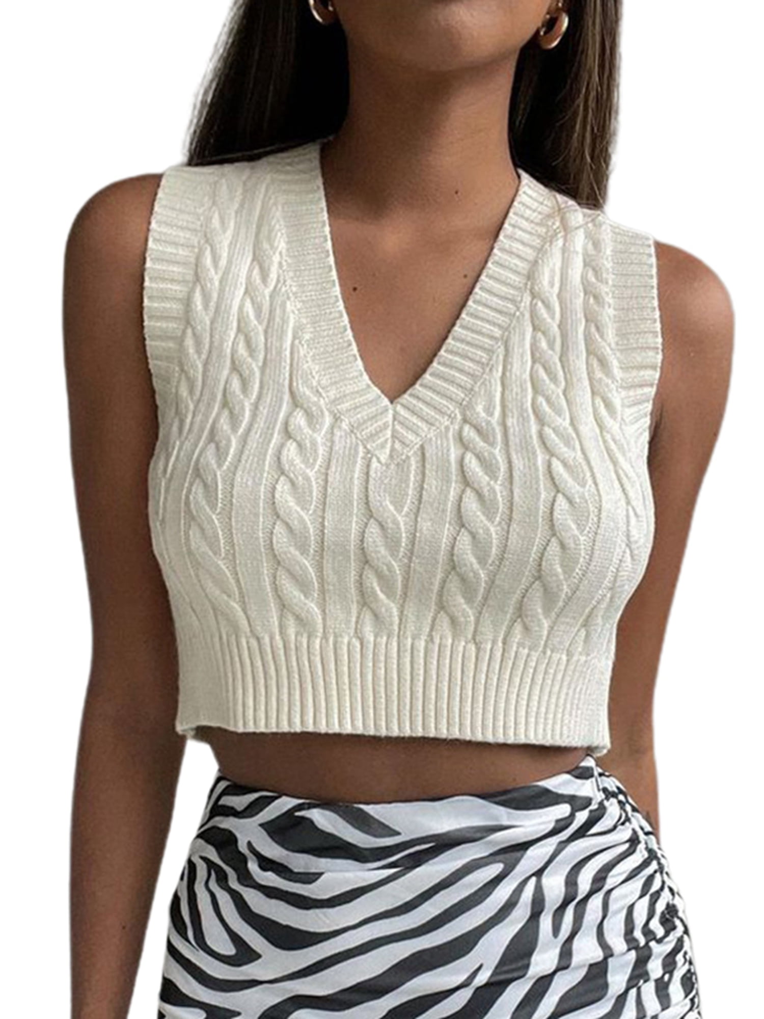 Women Crop Sweater Vest Knit Sleeveless 