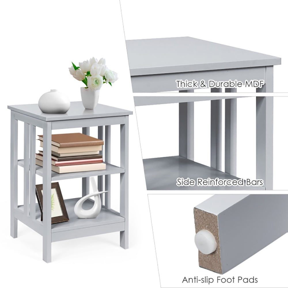 Finihen Side Table, Sofa Side Table, Bed Side Table, 3-Tier Nightstand Sofa Side Table with Baffles and Round Corners, for Living Room, Bedroom, Gray