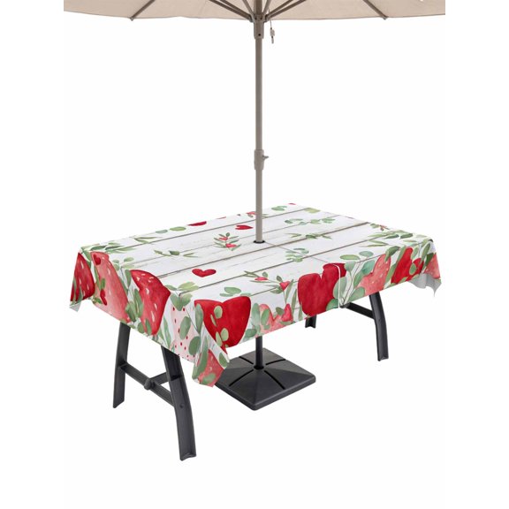 Outdoor Tablecloth with Umbrella Hole and Zipper, Valentines Love Heart Rectangle Table Cloth 52x70 Inch Waterproof Tablecloth, Eucalyptus Red Love Heart Retro Picnic Table Cover for Patio Camping