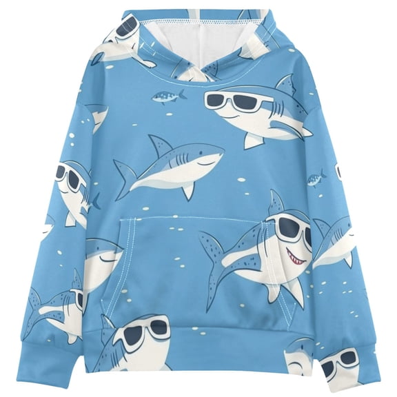Kids' Hooded Pullover Sweatshirt Casual Tops Long Sleeve Print Hoodies Pocket Cute Sharks Wearing Sunglasses