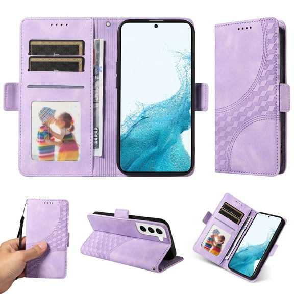 ELEHOLD For Samsung Galaxy S21 Leather Wallet Phone Case, Embossed Diamond Folio Flip Cover, Card Holder Cash Slot, Stand Support, Wrist Strap Lanyard -Purple