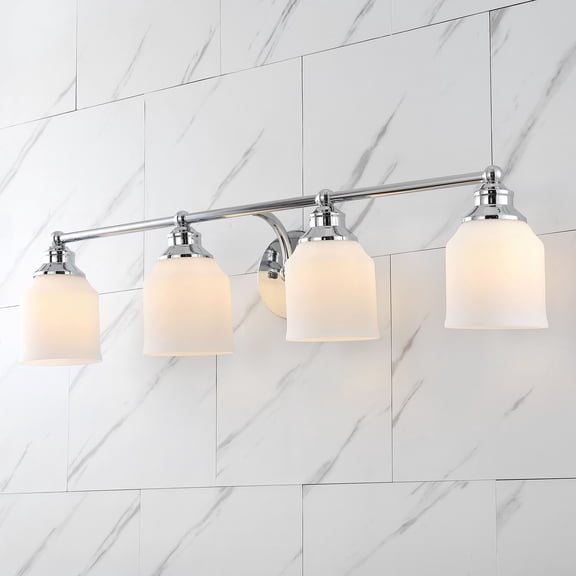 JONATHAN Y Lydia 33.25" 4-Light Iron/Frosted Glass Farmhouse Cottage LED Vanity Light, Chrome