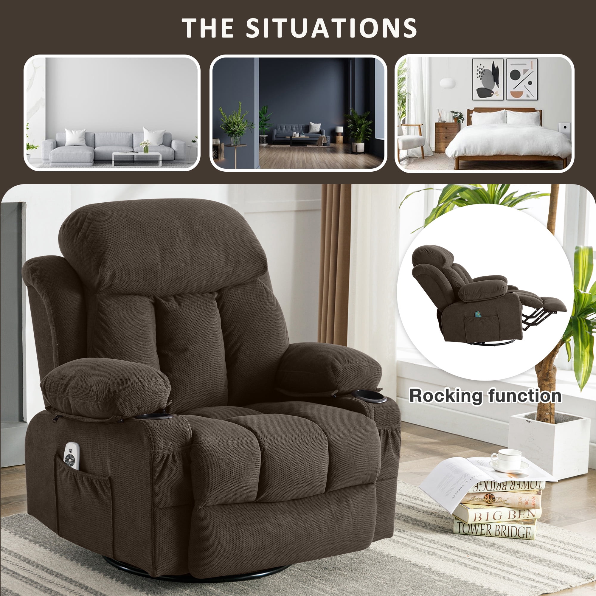 Swivel Rocker Recliner for Adults, LEGAHOME 24.4in Glider Rocking Chair for Nursery, Manual Rocking Chair with Massage and Heat for Adults, Living Room Massage Recliner Sofa with Cup Holder, Brown