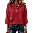 thumbnail image 2 of Women Casual Lapel Button Tshirts 3/4 Sleeve Polo Tops Loose Relaxed Solid Shirts Daily Tops, 2 of 5