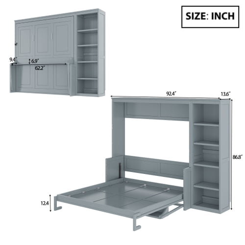 Queen Size Murphy Bed with Desk and Bookshelf, Space-Saving Solid Pine Wood Cabinet Bed, No Box Spring Needed, Gray