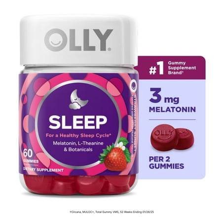 OLLY Sleep Gummy Supplement, 3mg Melatonin, L-Theanine, Chamomile, Strawberry Sunset Flavor, 60 Ct
