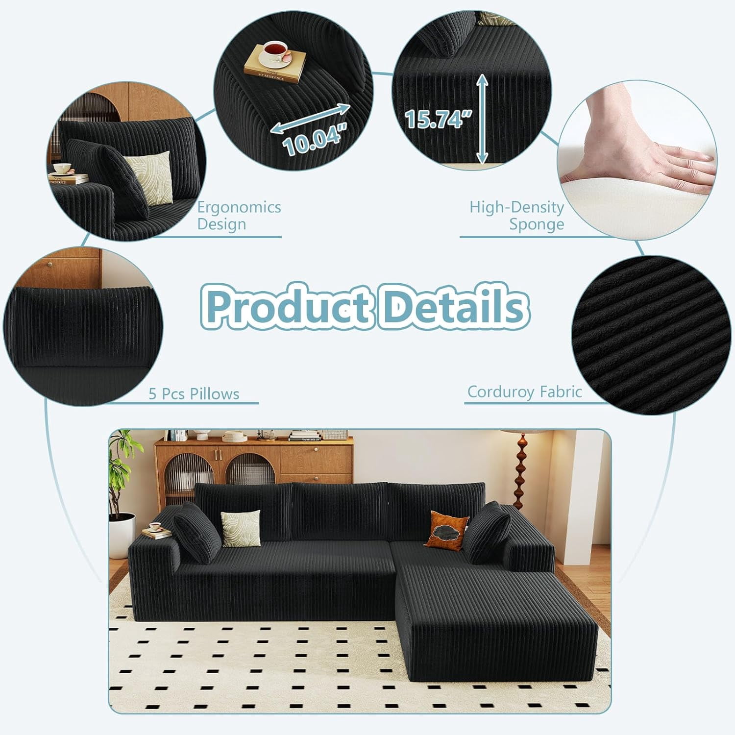 Cloud Couch Sectional, 96" L-Shaped Sofa, No Assembly Corduroy Couch with Chaise for Living Room,Black