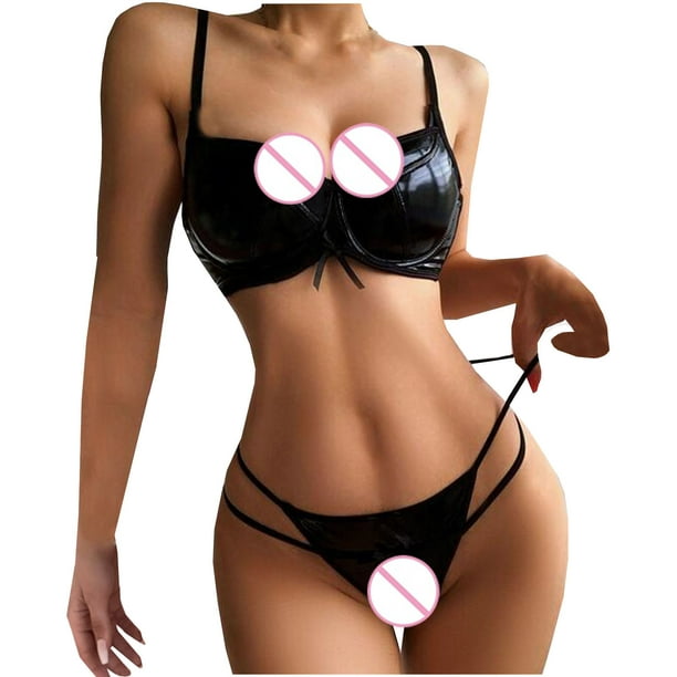 jovati Two Piece Sets for Women Women Fashion Wire Free Leather Sexy  Lingerie Two Piece Suit Bikini Sets Sexy Lingerie Set for Women Women  Lingerie