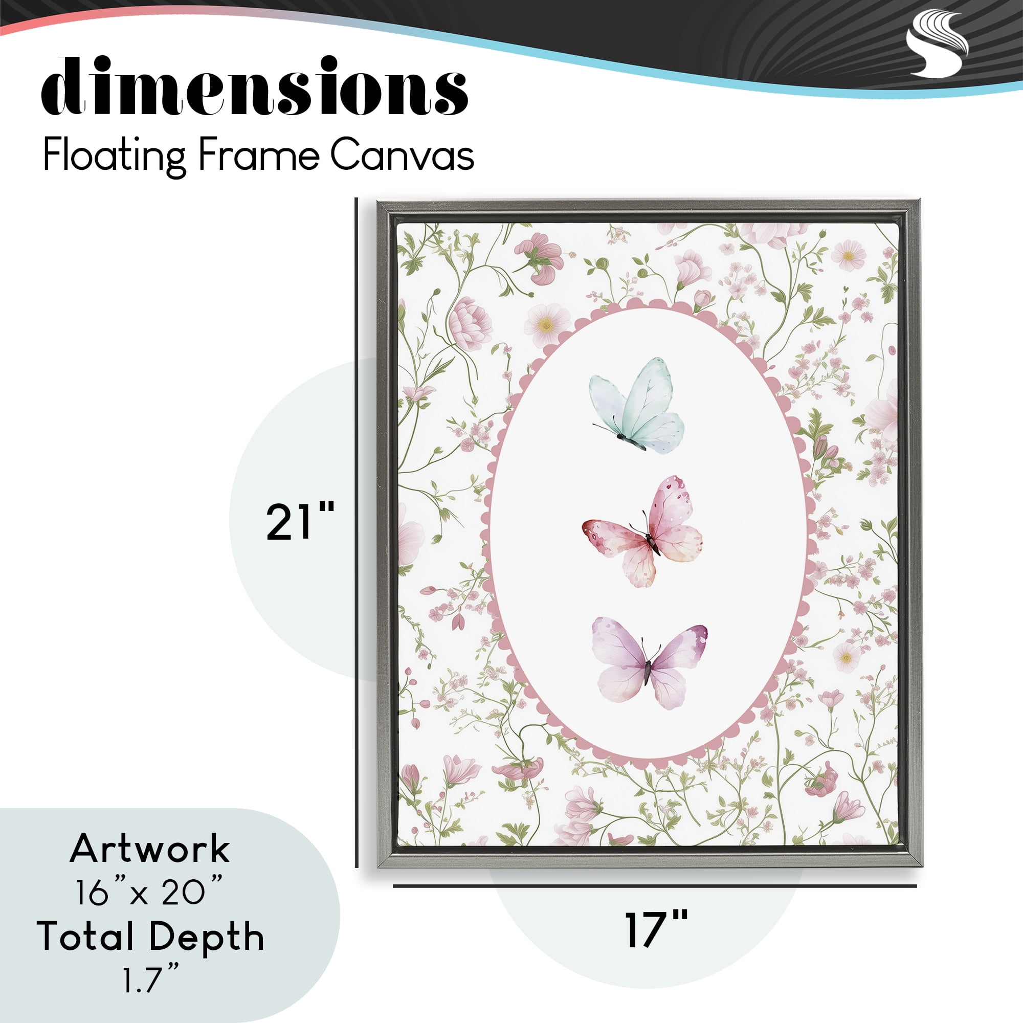 Delicate Florals & Butterfly Gray Framed Floater Canvas Wall Art, design by Christine Simpson Art