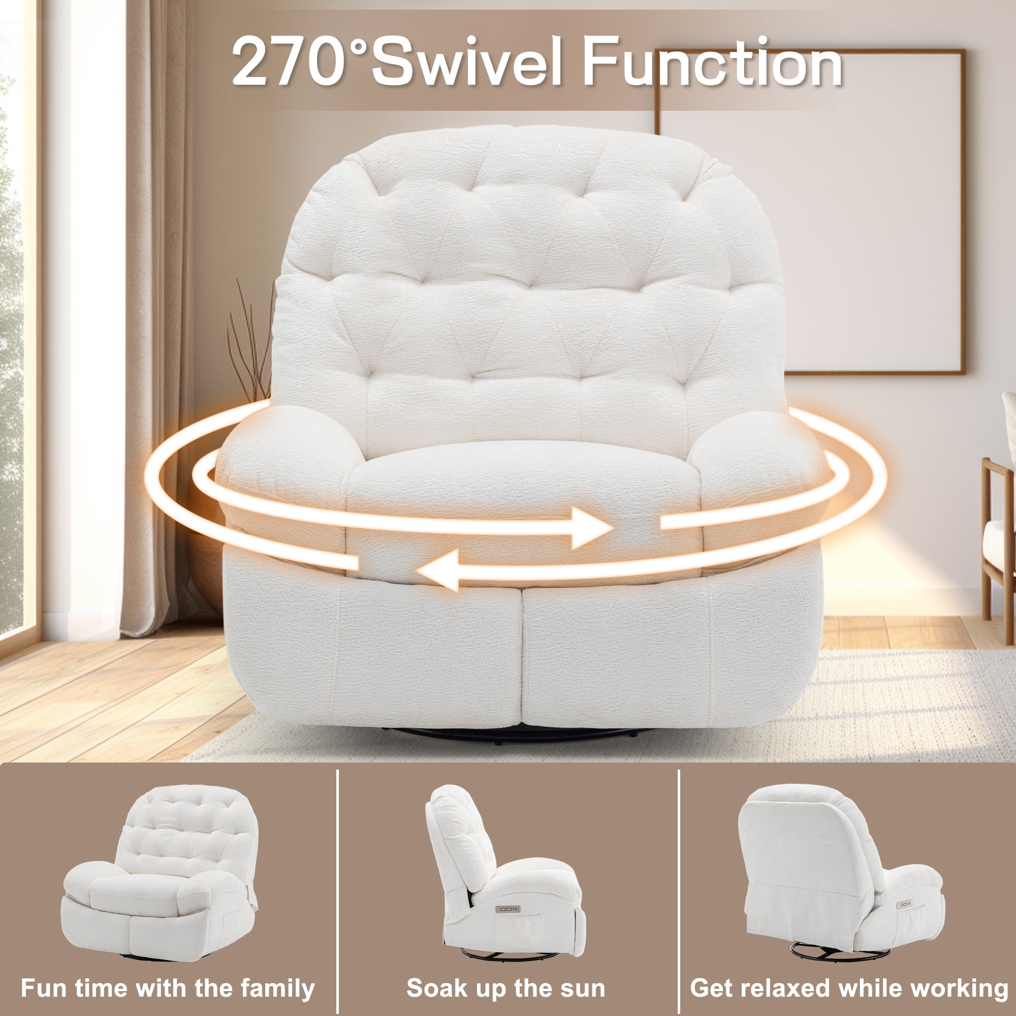 Korser Power Swivel Rocker Recliner Chair with USB Ports Chenille for Living Room,Beige