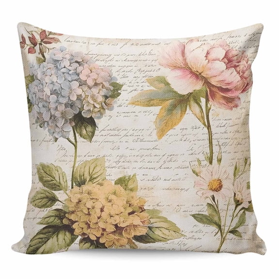 Throw Pillow Covers 20x20 Inch, Vintage Hydrangea Floral Decorative Pillow Cases for Couch Sofa Bed, Spring Botanical Flowers Cotton Linen Square Home Decor Pillowcases with Hidden Zipper