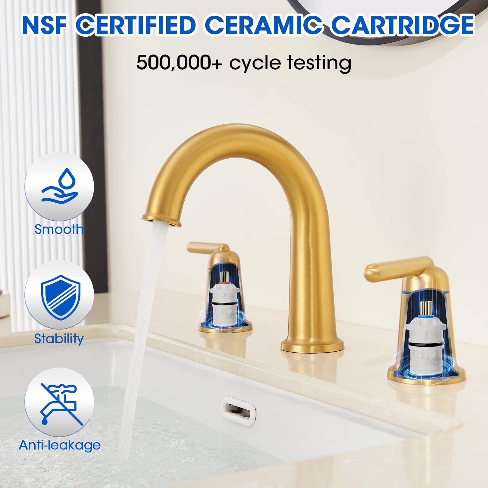 Wowkk Sanitary Ware Brass Bathroom Sink Faucet 2 Handles Widespread Bathroom Faucet 3 Hole, Pop-Up Drain and cUPC Supply Lines Included, Basin Faucets for Vanity Rv Restroom, Brushed Gold